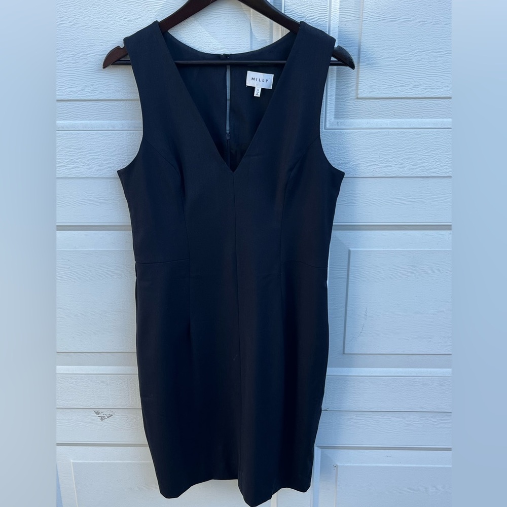 Milly Wool Blend V-ncek midi dress career size 12 navy
